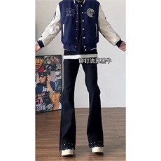 黑色铆钉毛边弯刀牛仔裤男美式高街vibe裤子直筒微喇裤L16355-P43，男装牛仔裤，星座1008