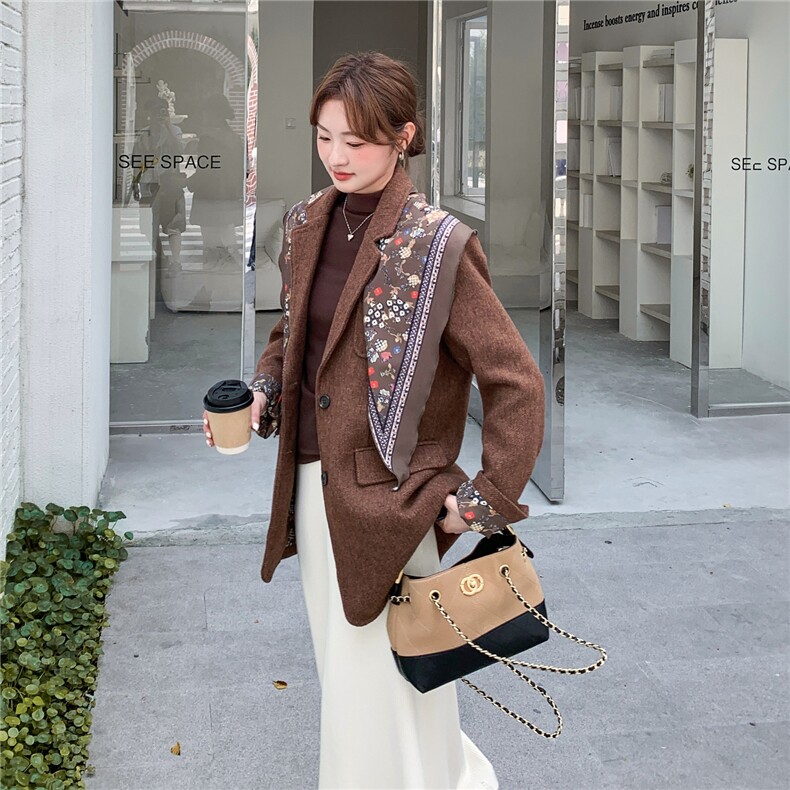 美拉德咖色毛呢西装外套配丝巾套装女秋冬2025新款韩系高级感穿搭,女装短外套,2C278