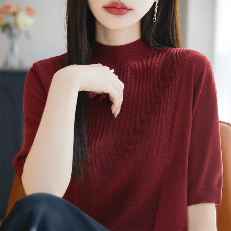 法式高端半高领五分袖打底衫女T恤2025新款中袖精纺薄款毛衣小衫,针织衫/毛衣,暖烁特种纱工厂店