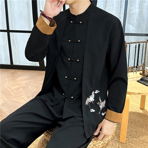 2025新款中式盘口长袖上衣潮流时尚汉服风刺绣假两件图片