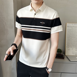 2025夏季新款男士短袖T恤翻领条纹透气绣标Polo衫男装PL68661-P65图片