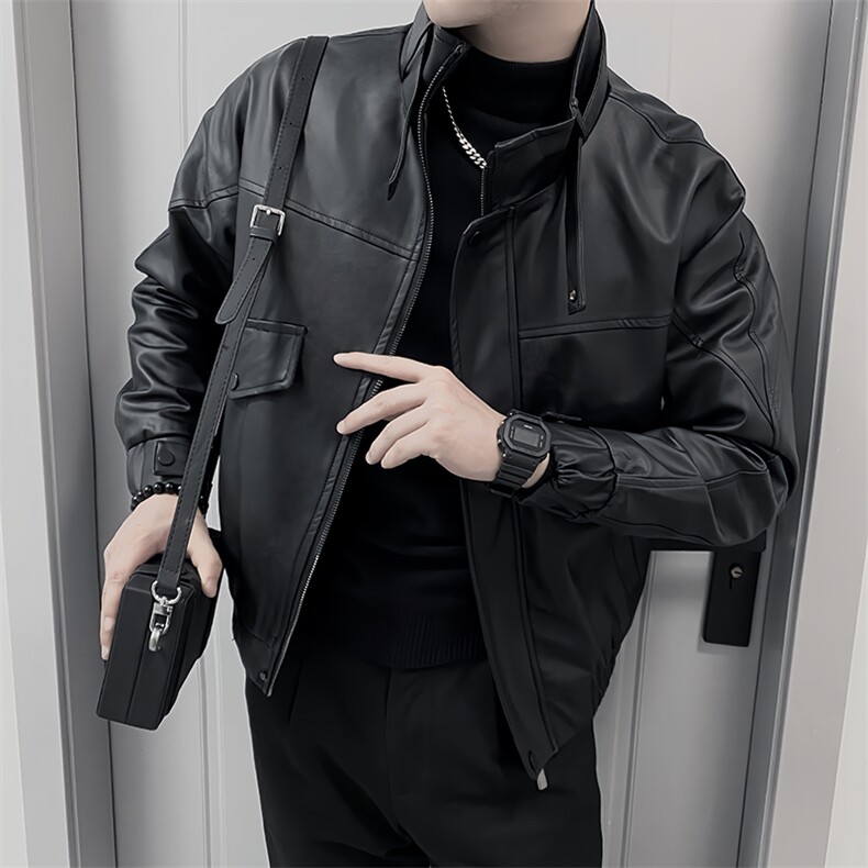AF129/P128控168秋季社会小伙美式立领翻盖PU机车皮外套男黑首图片
