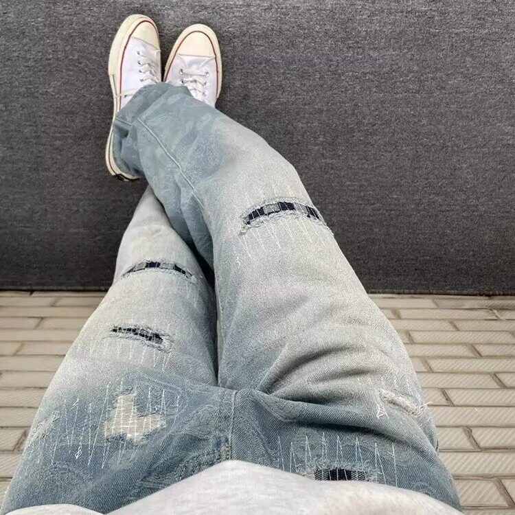 欧美高街复古牛仔裤男女破洞补丁小众设计感显瘦炸街裤XA445,男装牛仔裤,星座208-5