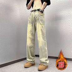 做旧牛仔裤男款秋季潮宽松直加绒筒裤vibe破洞阔腿裤子F2226-1，男装牛仔裤，星座1116A-1（原606A）
