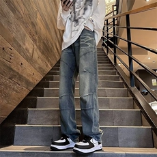 街头设计感分割水洗复古牛仔裤男女款美式hiphop高街长裤子KZ106，男装牛仔裤，星座601-2