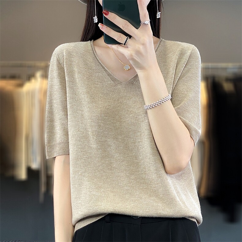 一线成衣精纺羊毛针织短袖女24夏季新款V领纯色半袖T恤打底衫上衣,针织衫/毛衣,暖烁特种纱工厂店
