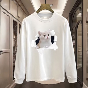 秋冬新款个性时尚猫咪印花圆领长袖上衣潮牌男女卫衣外套图片