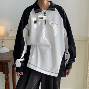 2022黑白撞色POLO衫卫衣男宽松休闲ins超火上衣W07P38图片
