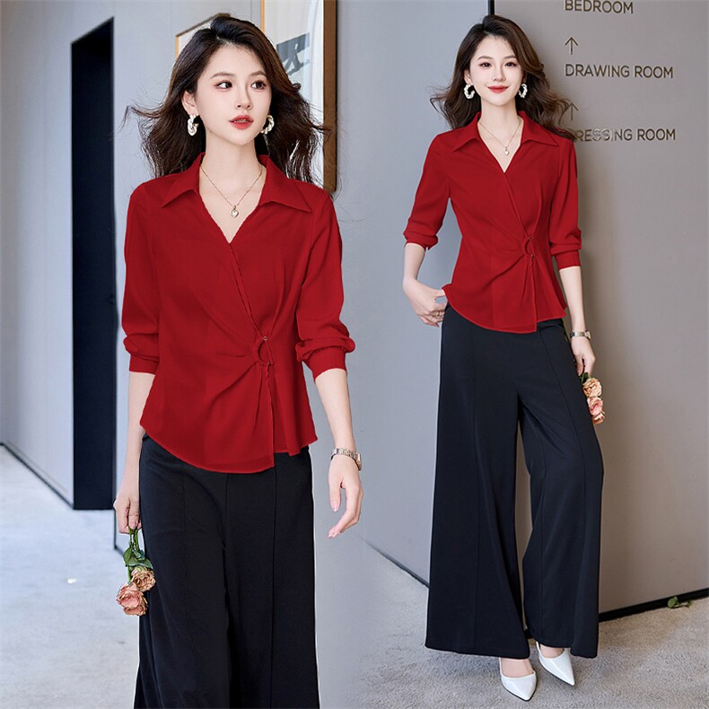 2024秋年法式通勤洋气V领修身衬衣气质垂感直筒百搭阔腿裤两件套，女装套装/套裙，火爆靓佳人