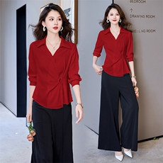 2024秋年法式通勤洋气V领修身衬衣气质垂感直筒百搭阔腿裤两件套，女装套装/套裙，火爆靓佳人