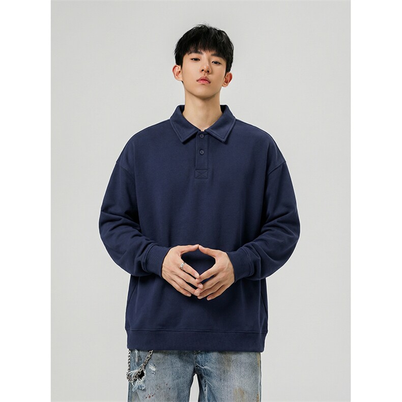 抖音得物高品质二开230克精梳珠地光版纯色宽松长袖T恤翻领POLO衫,男装T恤,电商A486