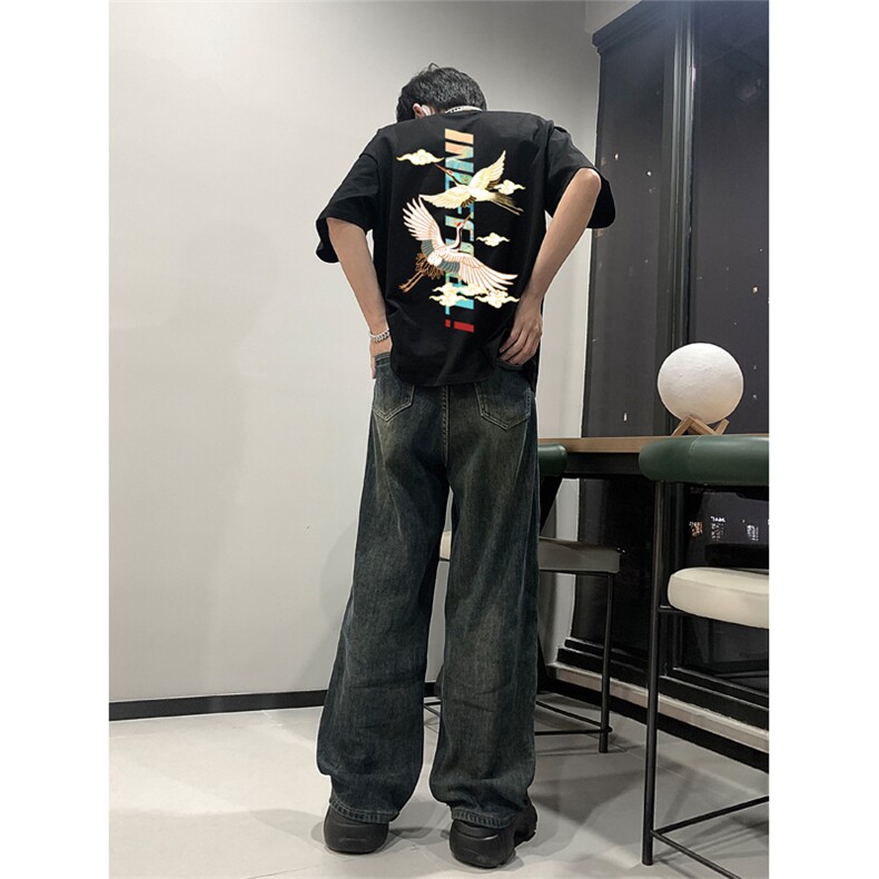 已做版权新中式潮短袖风宽松仙鹤复古t恤男T55-P28,男装T恤,星座205-5