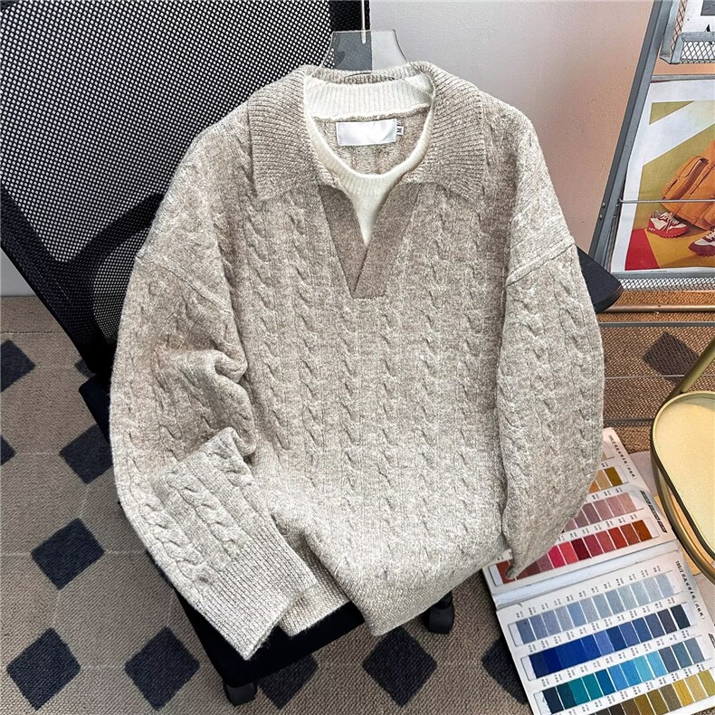 复古加厚假两件polo领针织衫宽松保暖休闲男女休闲毛衣3522P60,男装针织衫/毛衣,星座410-2