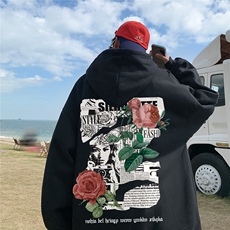 ！秋季重磅宽松大码港风玫瑰印花连帽卫衣LW107-特p35，男装卫衣，星座508（原C305）