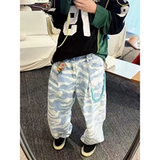 高街裤波浪纹男韩版原宿风水洗扎染直筒宽松阔腿牛仔裤Q101P45，男装牛仔裤，电商D256-3(原A064-3)