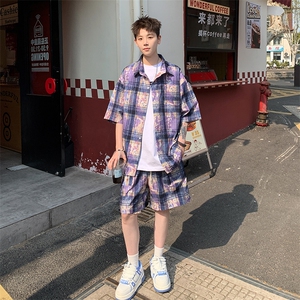 2025美式扎染印花冰丝凉感格子短袖衬衫薄套装 TZ5600/特P45 紫色图片