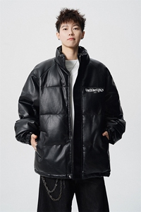 鳄鱼纹印花设计大码M-5XL手塞棉夹克PU皮棉服外套男8507P120控158图片