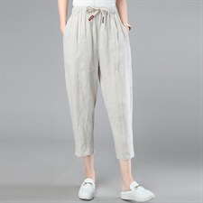 棉麻裤子女2024夏装新款亚麻松紧腰宽松萝卜裤抽绳九分妈妈小脚裤，女装休闲裤，江忆布依