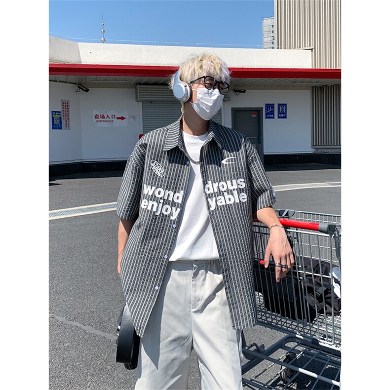 夏季新款短袖衬条纹衫拼色设计感休闲个性衬衣DC2236-特价P40,男装T恤,电商A007