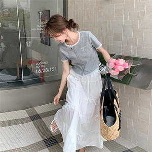 薄款泡泡袖套装百褶夏季女套头单排扣高腰法式公主风短袖裙子显瘦图片