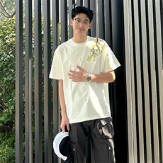 美式罗汉松刺绣短袖男夏季新款字母花卉重磅时尚T恤潮牌情侣半袖，男装T恤，星座1210-1