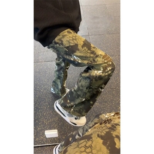 美式复古微喇牛仔裤男春秋季潮牌迷彩蛇纹修身显高阔腿弯刀长裤子