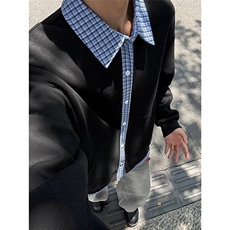 港风秋款男女假两件卫衣衬衫领条纹格子拼接外套WY609P50，男装衬衫，星座1013-1