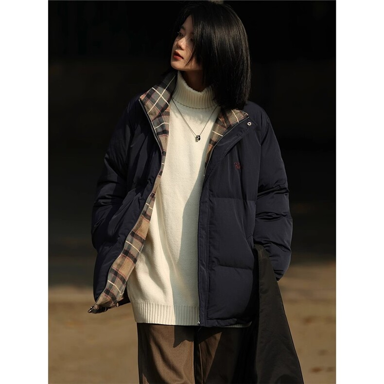 1506-1/M81101/P74美式复古格纹双面穿立领棉服外套男女冬季加厚图片
