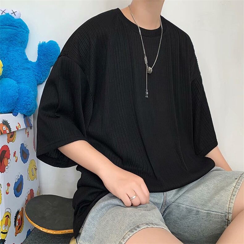 夏季冰丝短袖t恤男港风潮流宽松百搭半袖休闲圆领五分袖T063-P25,男装T恤,星座1008