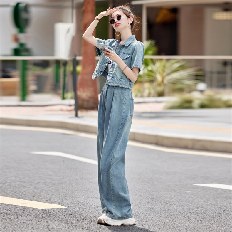 夏季新款时尚牛仔套装女2025年新中式直筒阔腿裤两件套遮肉显瘦潮，女装套装/套裙，瑶迪