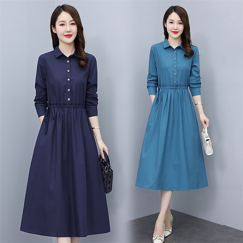高档长袖棉麻连衣裙女2023秋季新款气质收腰显瘦休闲百搭纯色裙子,女装连衣裙,鑫思依格