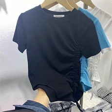 欧货纯色圆领短袖侧边抽绳修身显瘦T恤女2021夏装新款气质百搭，女装T恤，潮品会