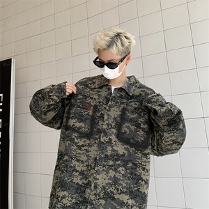 美式复古绿迷彩衬衫设计感高级短款外套潮牌欧美街头男装图片