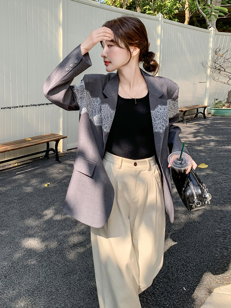 灰色休闲西装套装裙女小个子蕾丝拼接2025春季新款韩系减龄百褶裙,女装西装,秋水欣儿