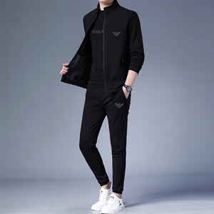 秋季男士休闲中年运动服长袖套装外套长条加绒卫衣休闲开衫三件套图片