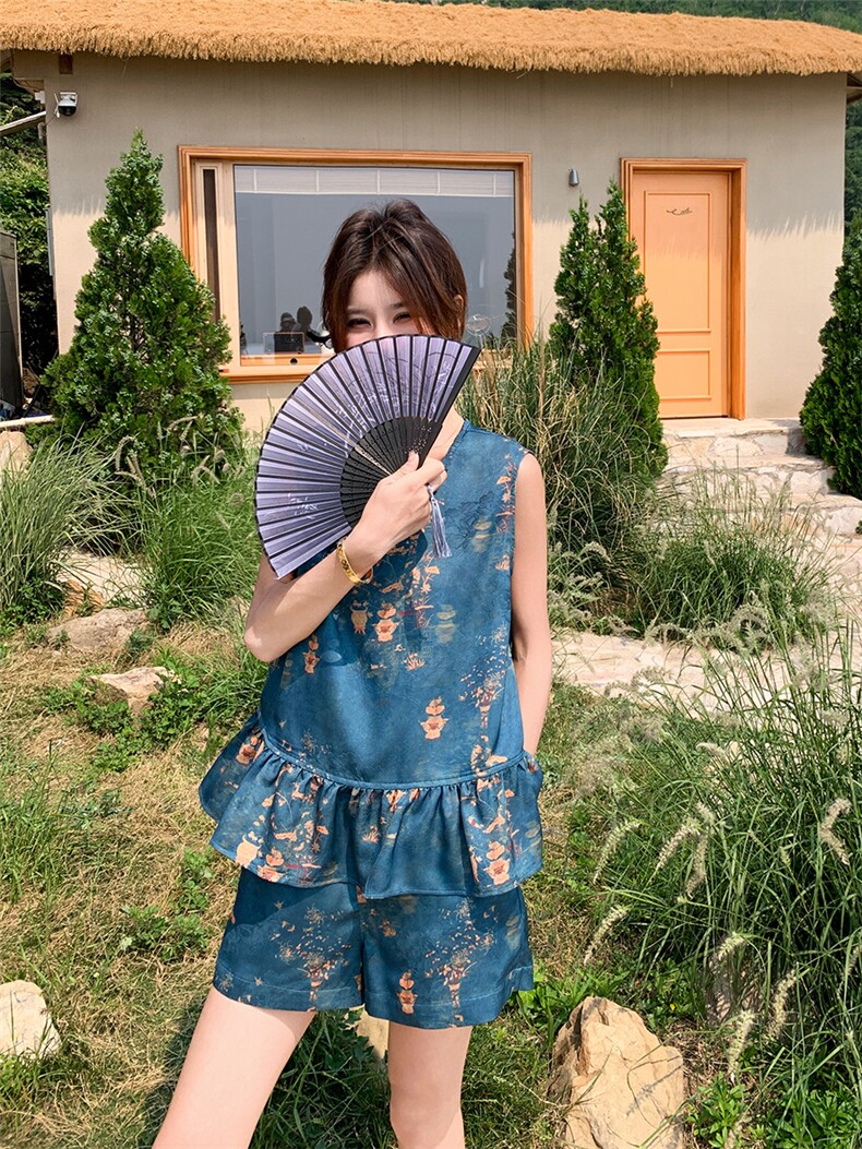 新中式国风2025夏季新款高级感气质荷叶边印花短袖上衣短裤两件套,女装套装/套裙,浙宝301