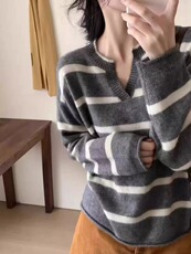 2025年秋季通勤单件长袖常规套头条纹，女装针织衫/毛衣，德聚羊绒