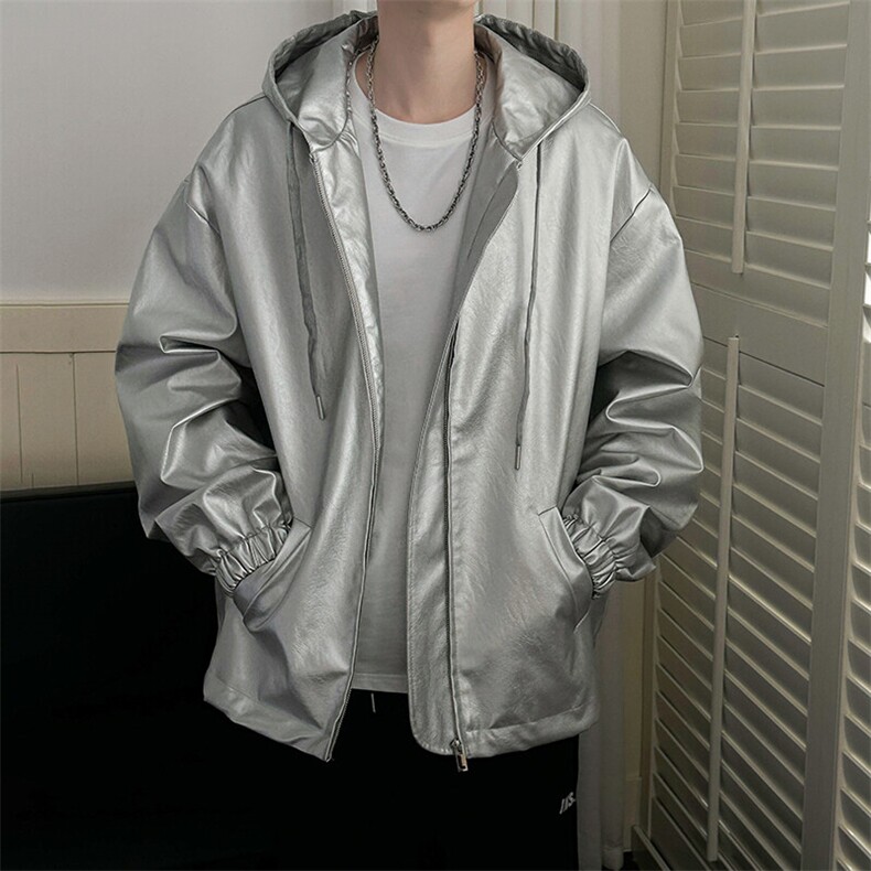 2025春秋新品现货连帽皮衣男宽松潮牌银色个性皮夹克-AP2421-P115，男装夹克，电商A351