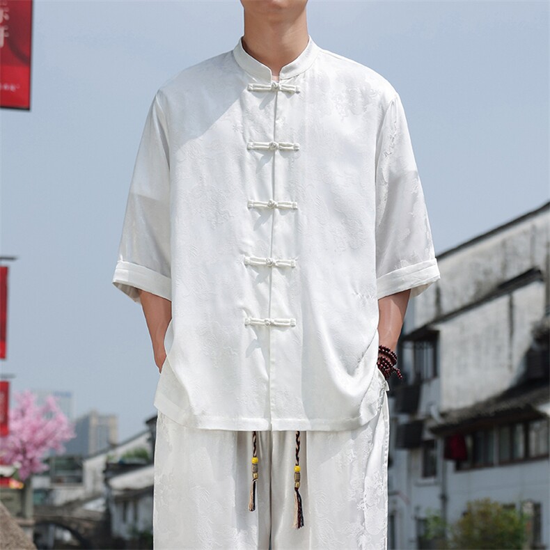 新中式七分袖衬衫男2025夏季新款大码盘扣上衣，男装衬衫，电商A008