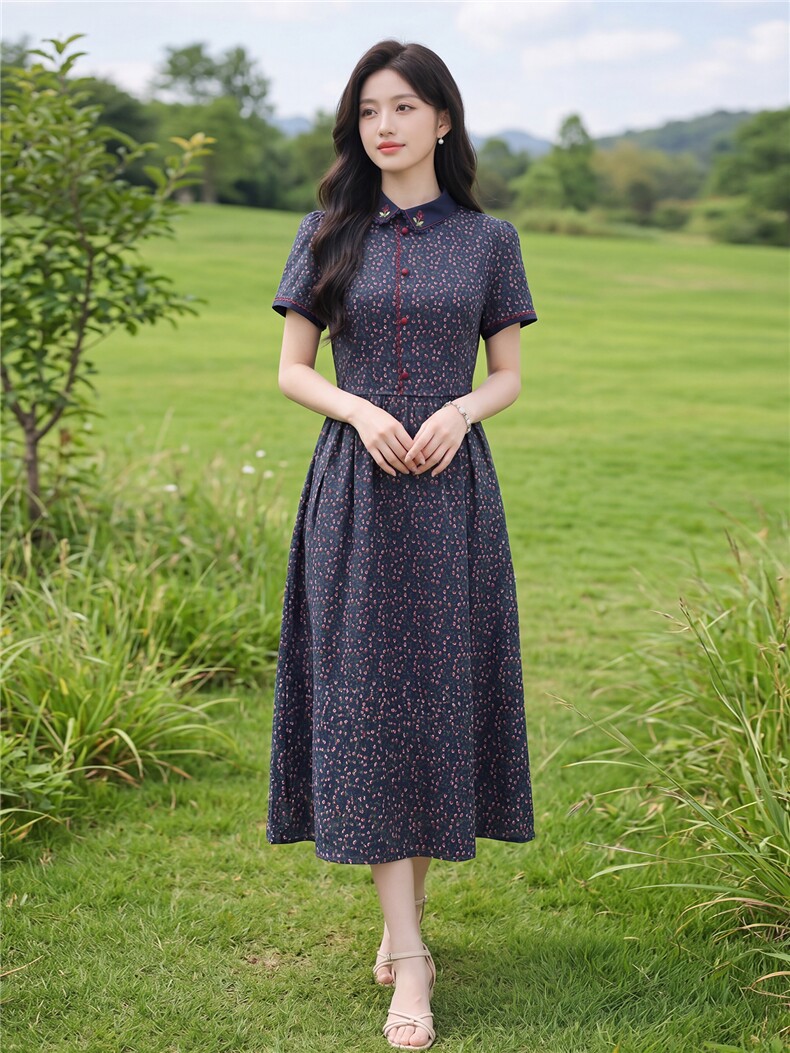田园风斜领碎花刺绣连衣裙女春夏收腰显瘦中长裙,女装连衣裙,水衣源