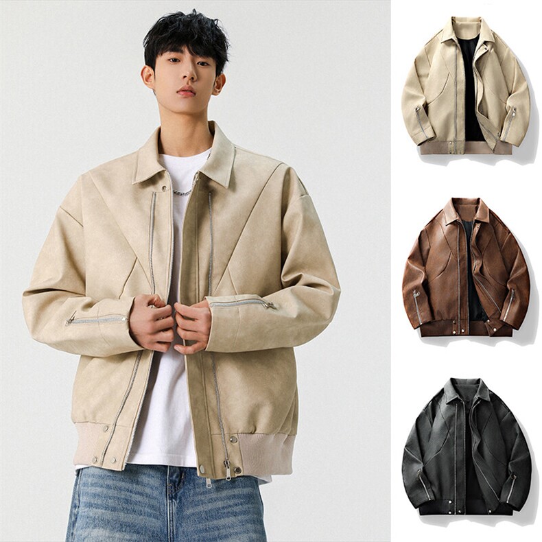 主推美拉德咖色皮衣外套春款新款翻领工装A436-2519-P85128，男装皮衣，电商A436