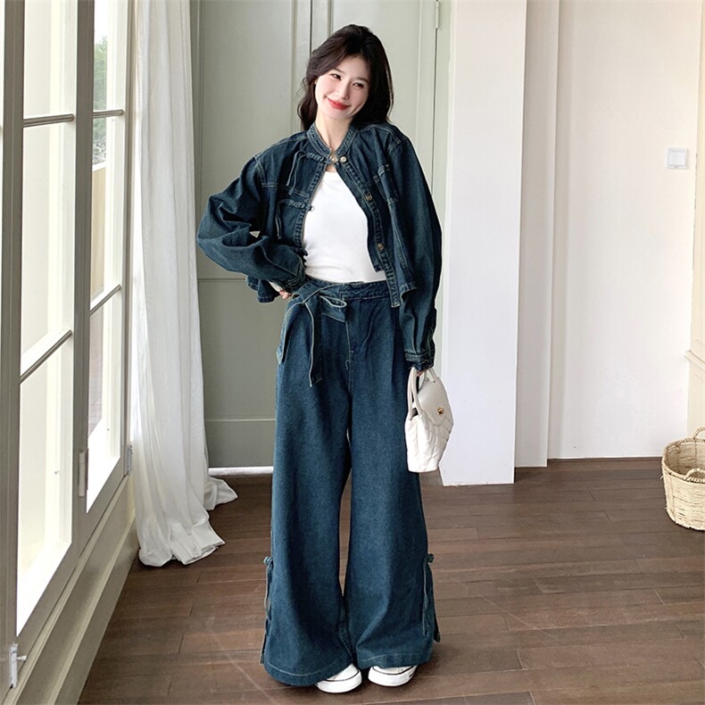 新中式国风牛仔阔腿裤套装女春秋盐系轻熟两件套俏皮活泼流行爆款,女装套装/套裙,2C028