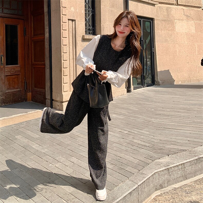 韩系小香风气质套装女2025春新款设计感拼接收腰显瘦阔腿裤两件套,女装套装/套裙,维壹