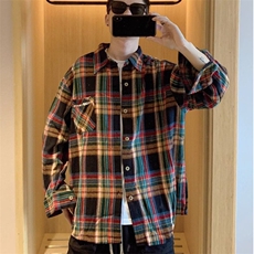 拼色格子长袖衬衫青少年男士衬衣春秋潮流宽松休闲外套LS261P34，男装衬衫，星座1013-5
