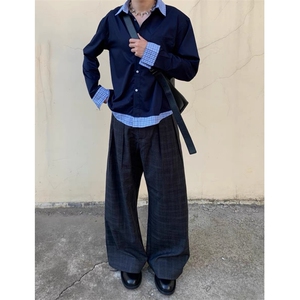 现货蓝色格子拼接翻领长袖上衣情侣款男女假两件衬衫 CX03-TP45图片