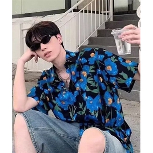 港风复古油画印花衬衫短袖男女小众设计感度假风衬衣 C712图片