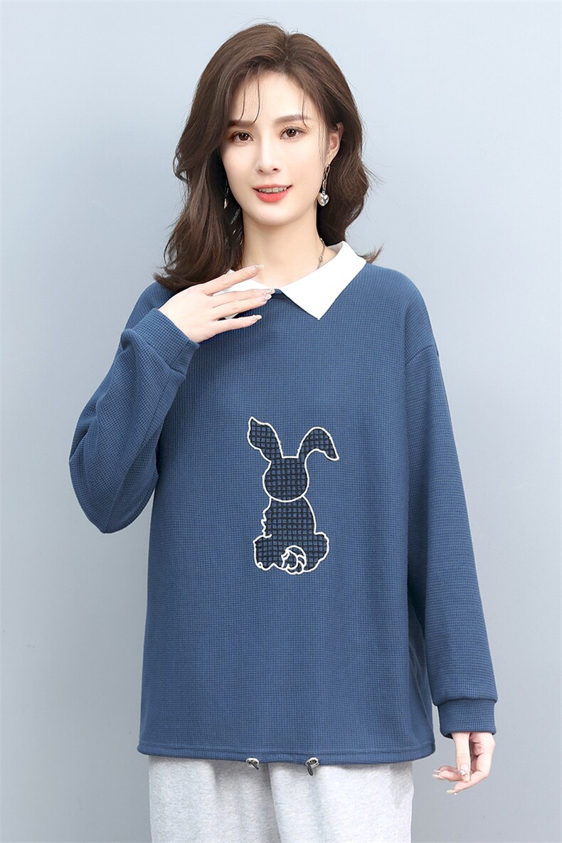 卫衣女春秋宽松大码显瘦拼接刺绣卫衣女T恤两件套,女装衬衫,叶笙衣