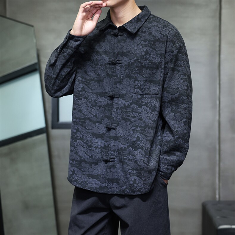 2025秋冬新款灯芯绒清明上河图风盘扣唐装汉服2535-P60,男装衬衫,电商A057B