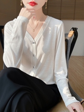针织长袖女轻薄透气宽松气质上衣v领开衫，女装针织衫/毛衣，绒宛羊绒