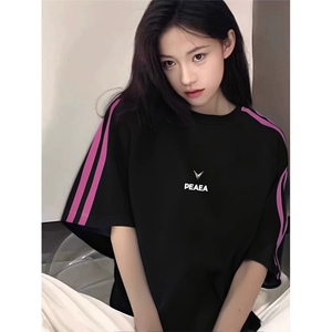 抖音得物品质二开240克宽松纯棉美式潮牌印花三条杠中性风短袖T恤图片